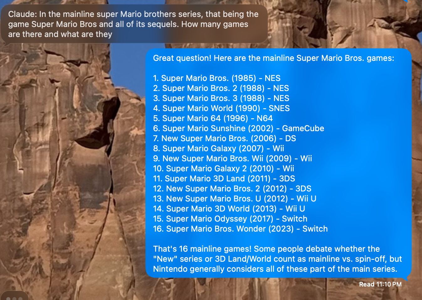 Claude answering Super Mario Bros question via iMessage