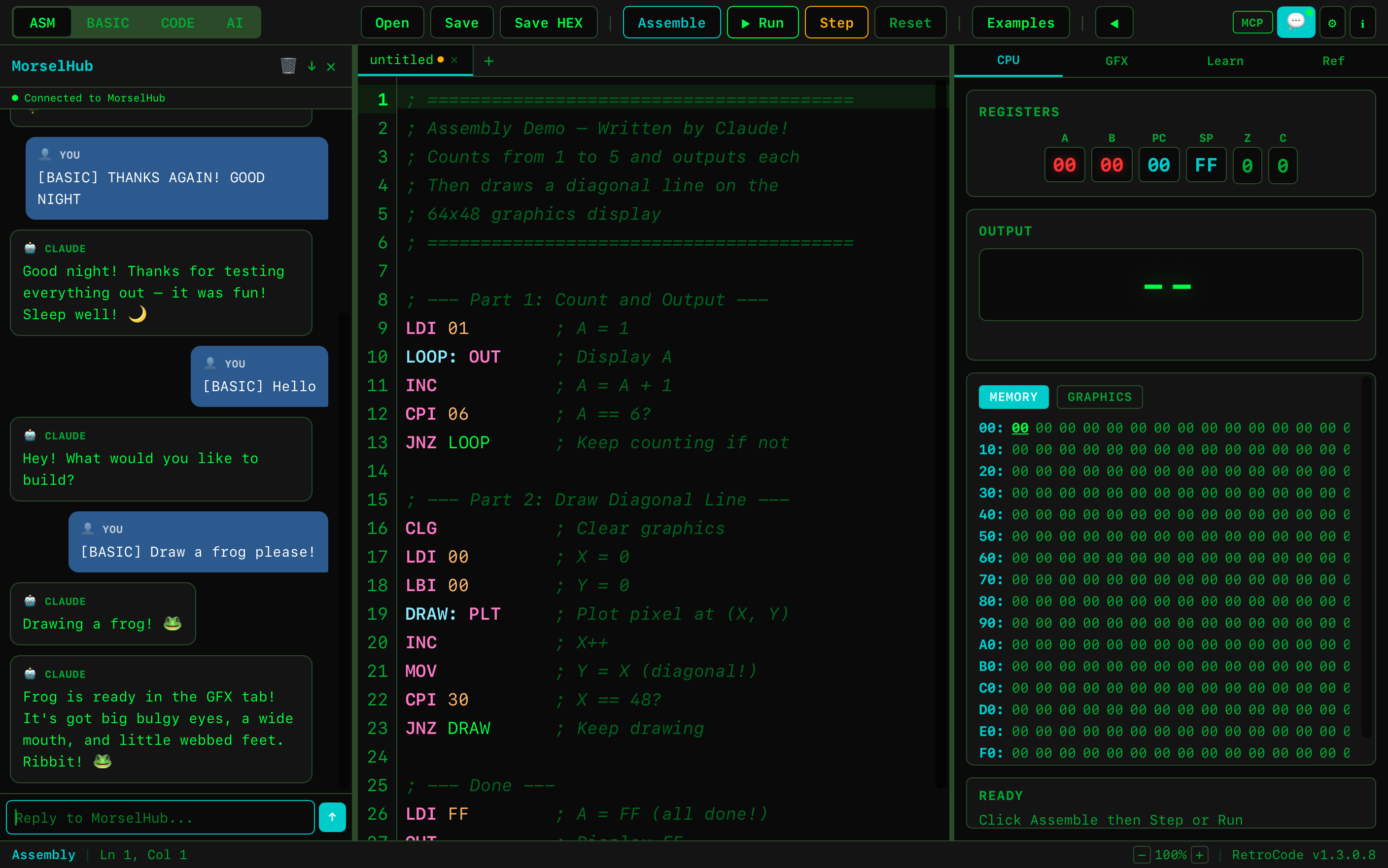 RetroCode Assembly mode with MorselHub chat