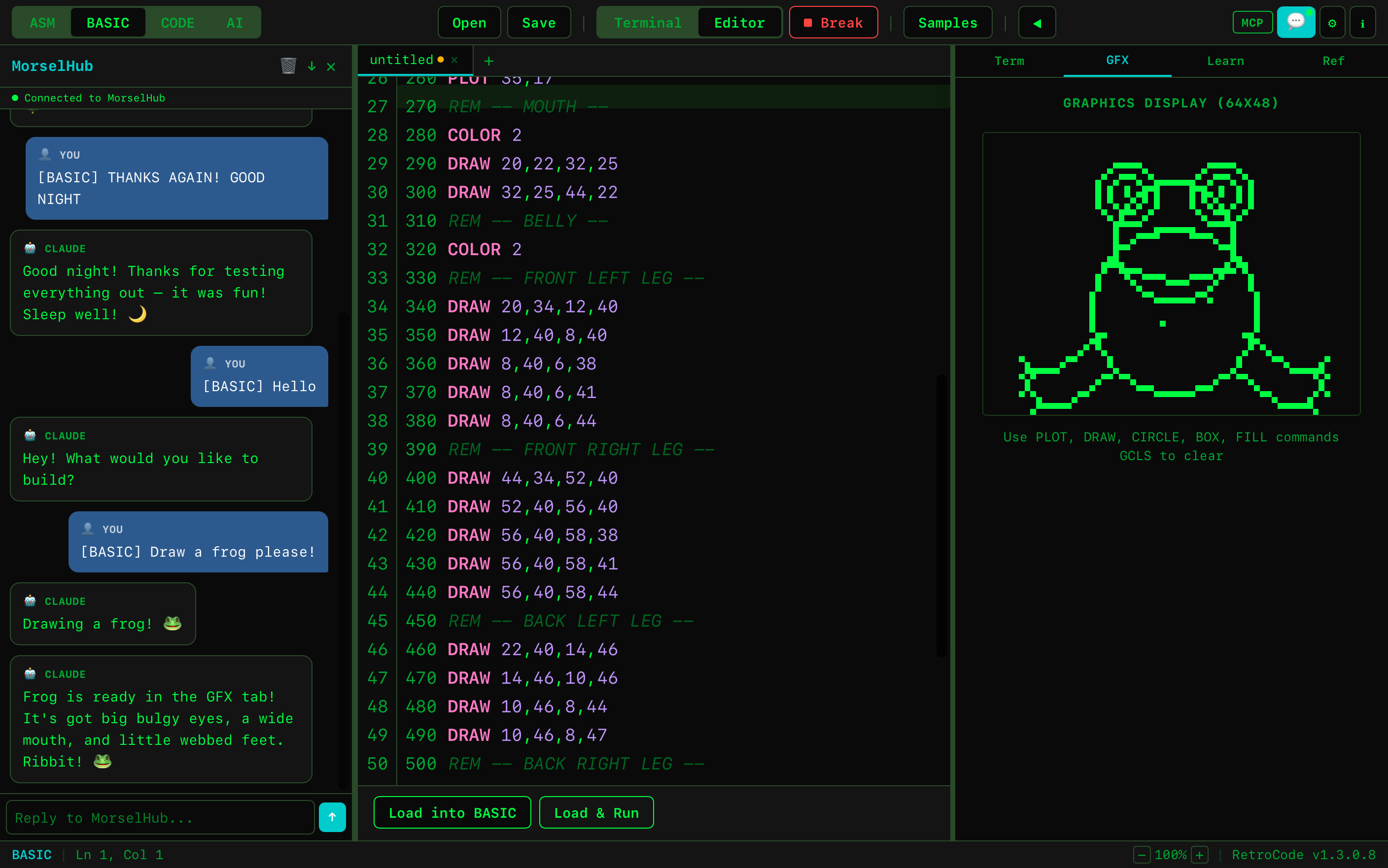RetroCode BASIC mode with frog in GFX display and MorselHub chat