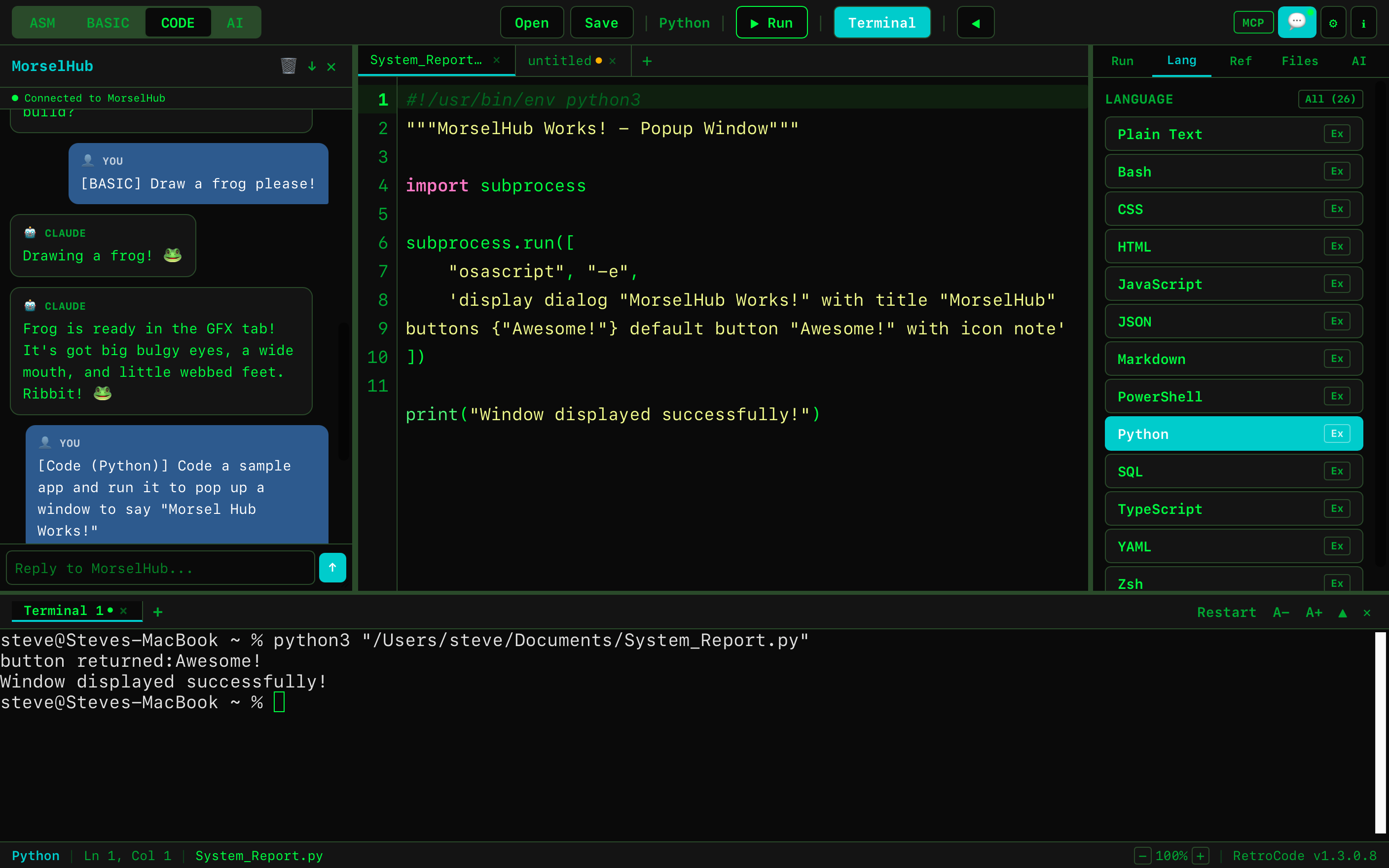 RetroCode Python mode running a system dialog